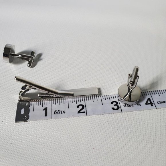 Stainless Steel Round Cuff Links Tie Clip Set - Picture 5 of 6